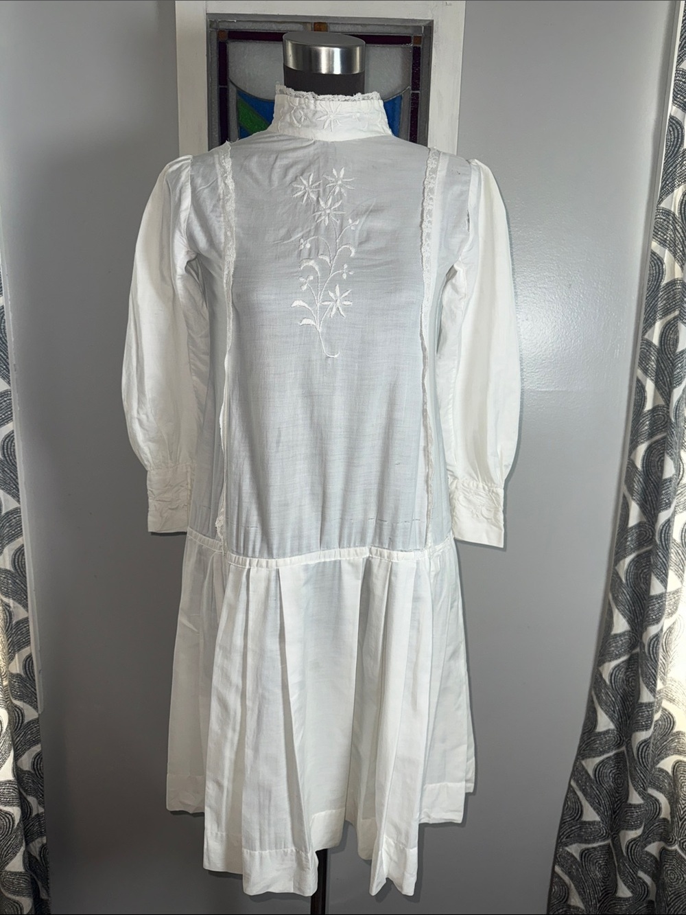 Antique White Cotton  High Neck Edwardian Dress with Embroidery & Lace Details